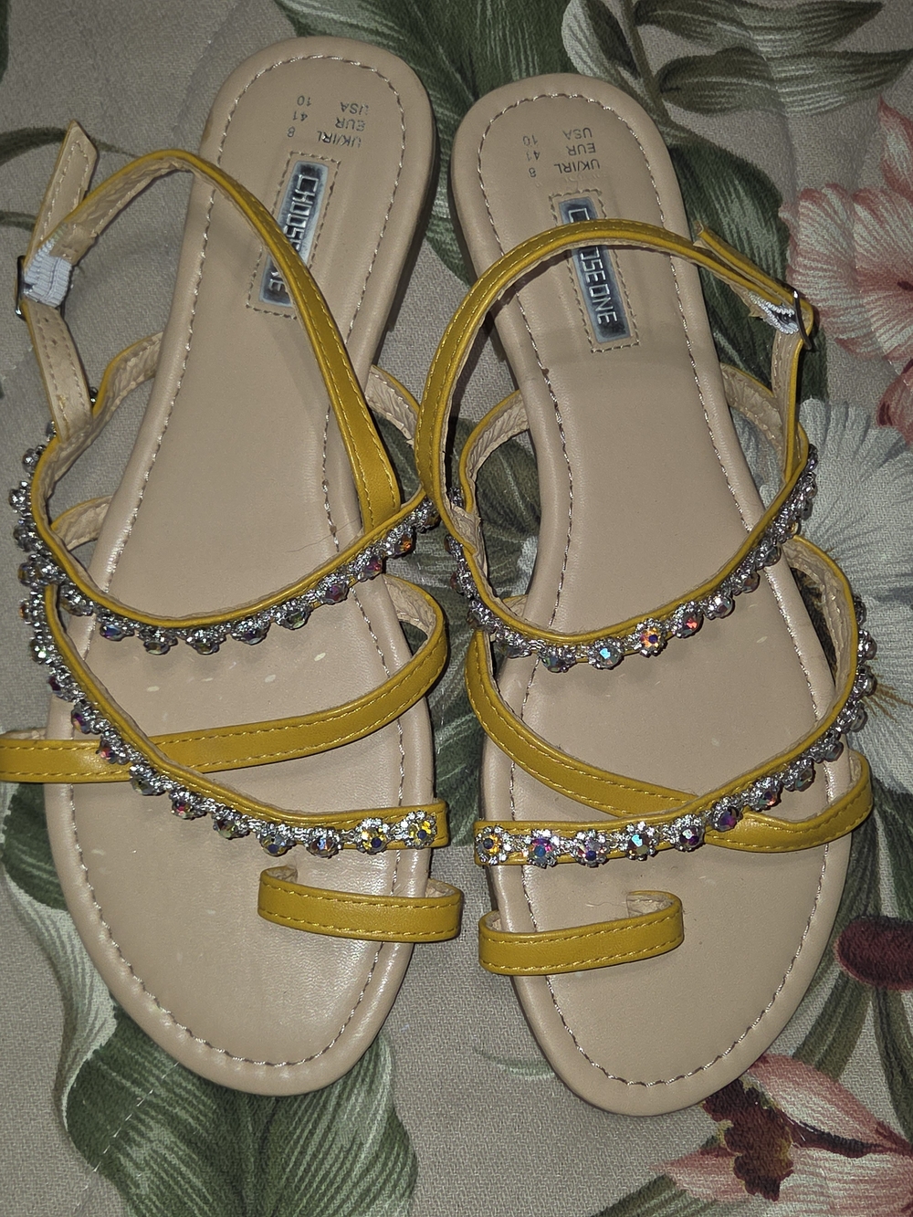 728- Yellow Crystal-Strap Toe-Loop Sandals, Sz 10